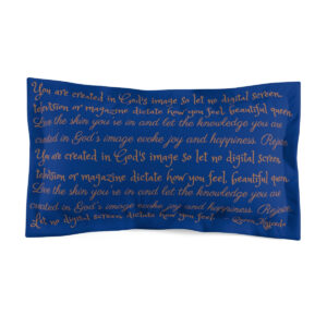 Poetry written in gold on blue pillow sham by Queen Majeeda.