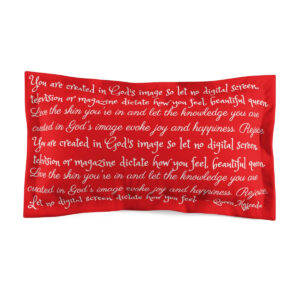 Verses written in white on a red backgroun of this pillow sham. Designed by Queen Majeeda.