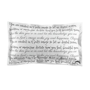 Pillow sham written with lines from poems by Queen Majeeda.